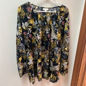 J.Jill Floral Blouse XL Navy Yellow Green Long Sleeve Rayon Top